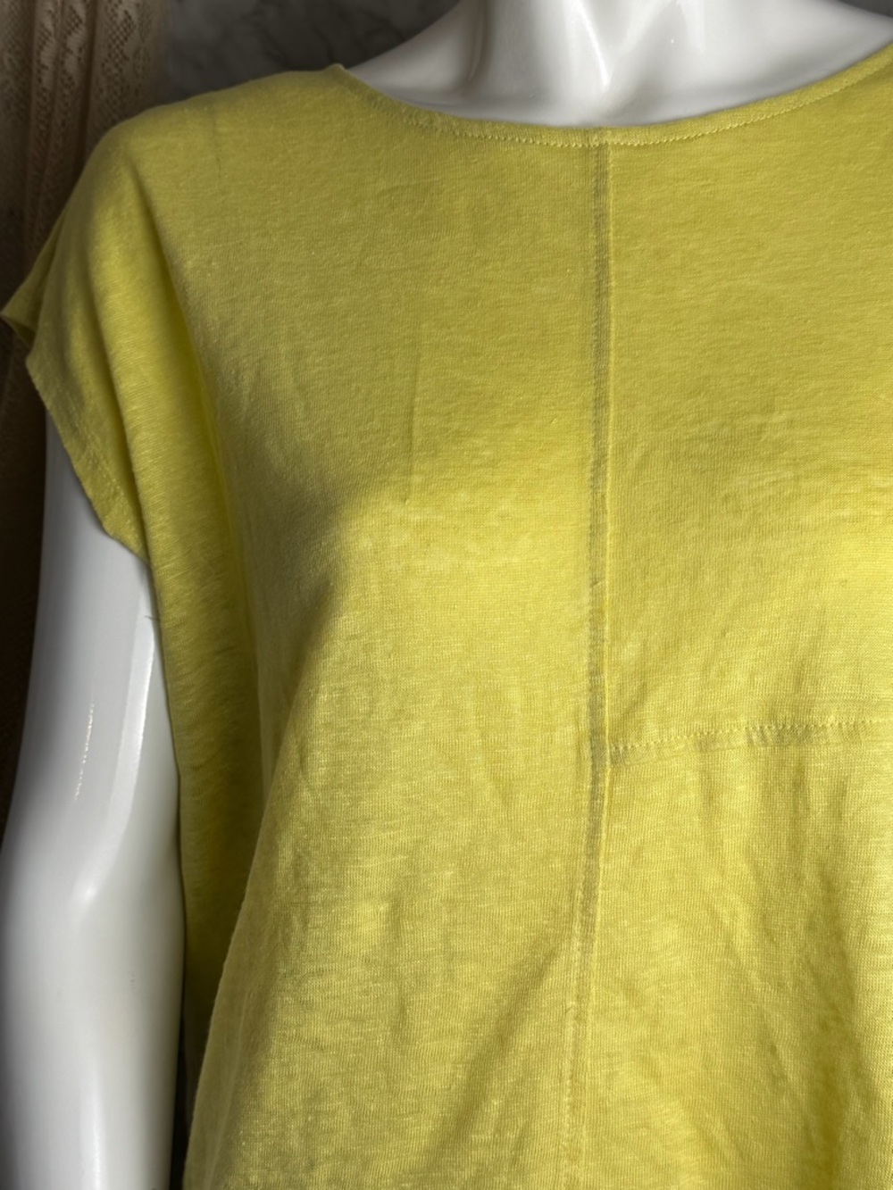 100% Linen Top Chartreuse Yellow Blouse Cap Sleeve Lightweight M Summer Boxy - Picture 6 of 10